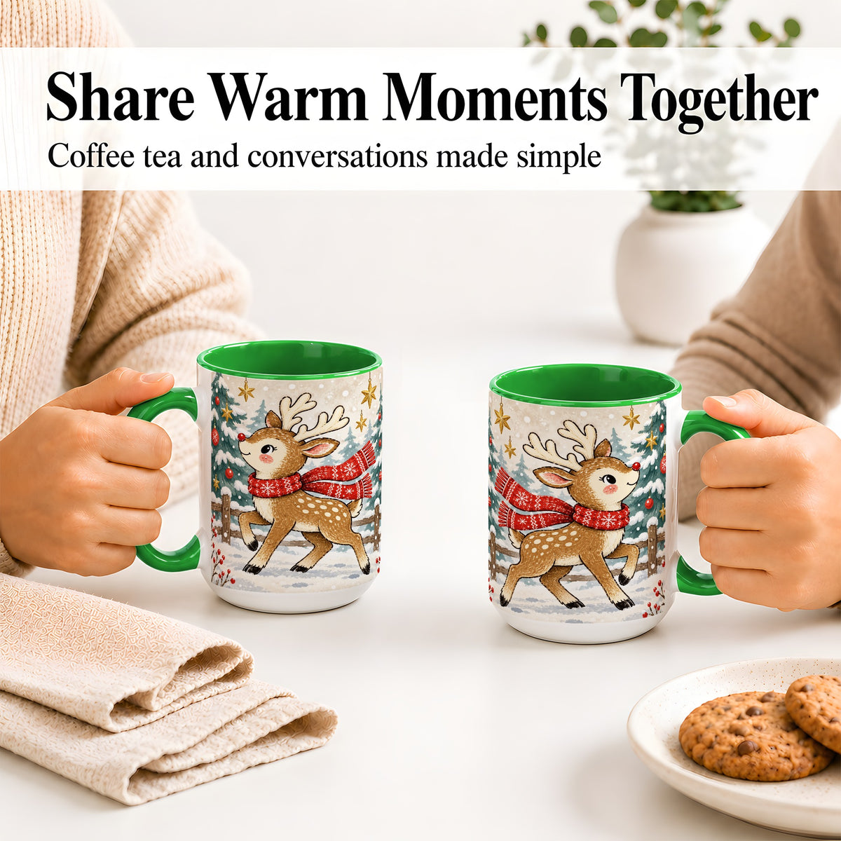 #pl[15oz|Green] Christmas Reindeer Accent Mug, Snowy Woodland Artwork