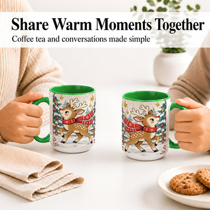 #pl[15oz|Green] Christmas Reindeer Accent Mug, Snowy Woodland Artwork