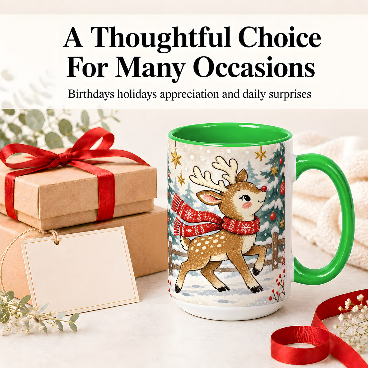 #pl[15oz|Green] Christmas Reindeer Accent Mug, Snowy Woodland Artwork