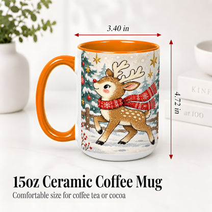 #pl[15oz|Orange] Christmas Reindeer Accent Mug, Snowy Woodland Artwork
