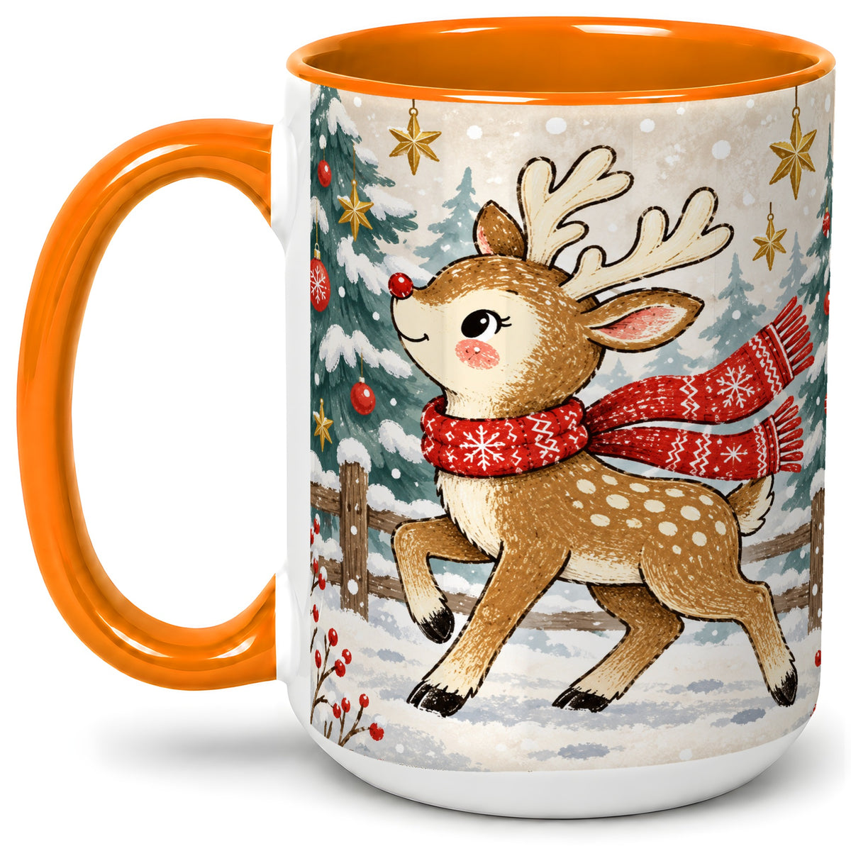#pl[15oz|Orange] Christmas Reindeer Accent Mug, Snowy Woodland Artwork
