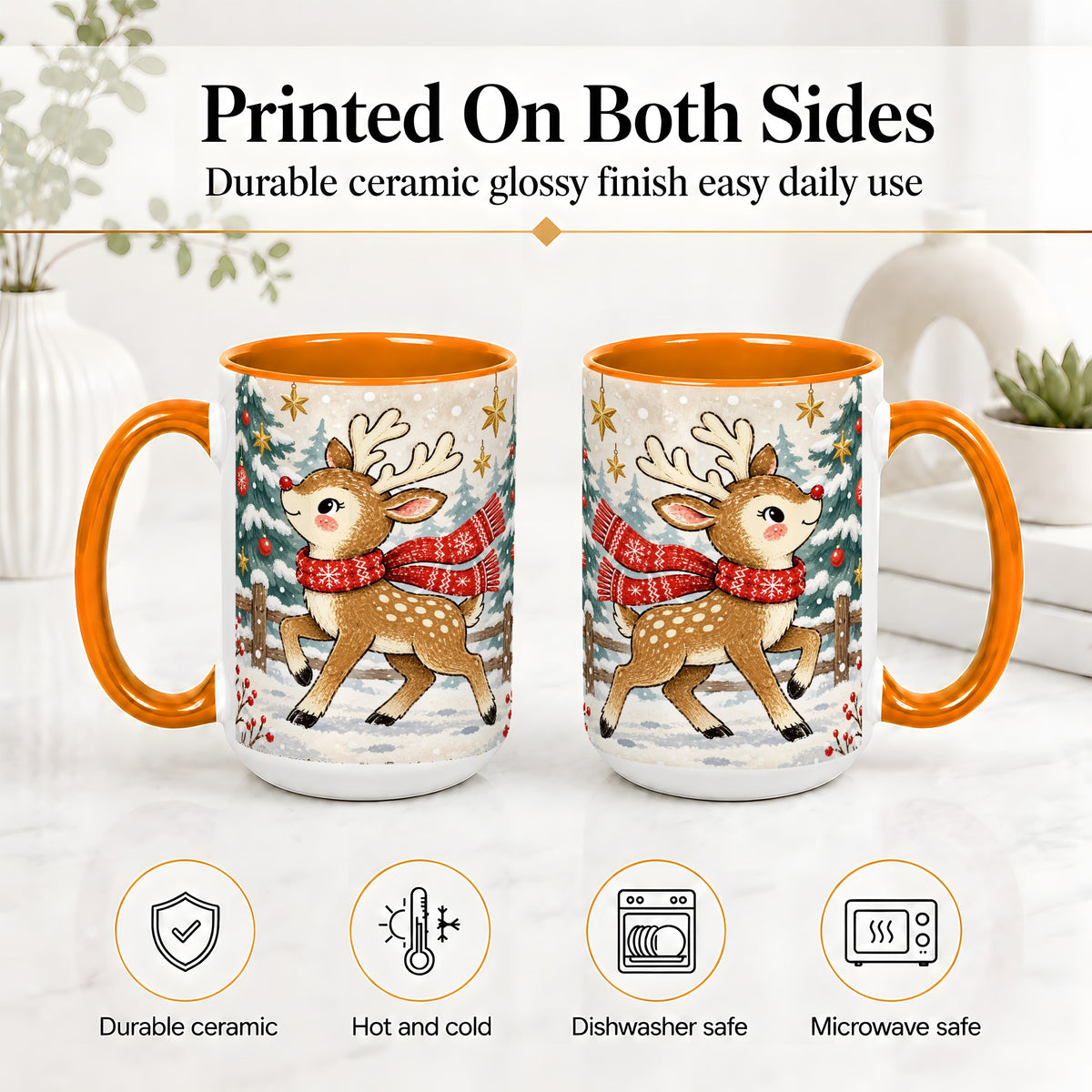 #pl[15oz|Orange] Christmas Reindeer Accent Mug, Snowy Woodland Artwork