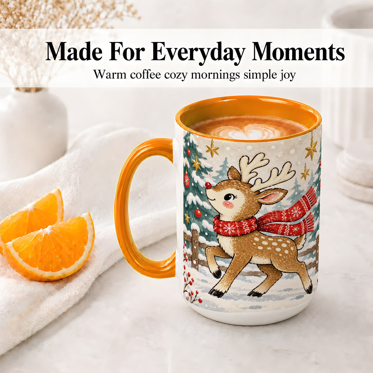 #pl[15oz|Orange] Christmas Reindeer Accent Mug, Snowy Woodland Artwork
