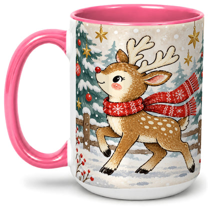 #pl[15oz|Pink] Christmas Reindeer Accent Mug, Snowy Woodland Artwork