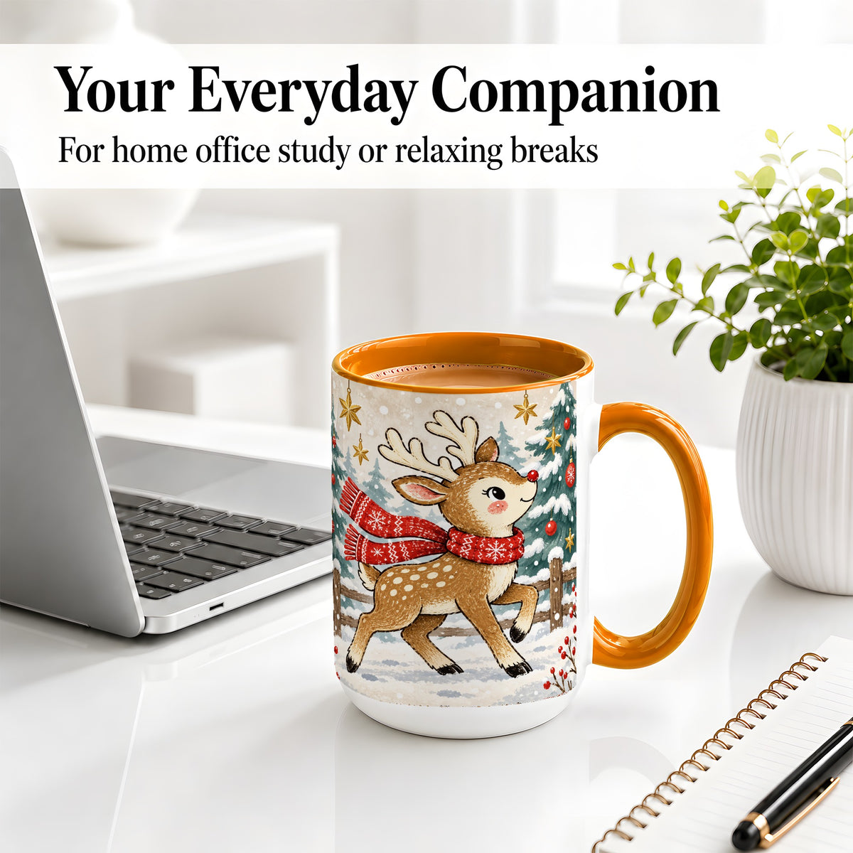 #pl[15oz|Orange] Christmas Reindeer Accent Mug, Snowy Woodland Artwork