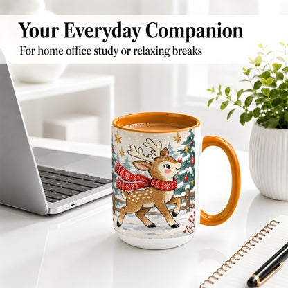 #pl[15oz|Orange] Christmas Reindeer Accent Mug, Snowy Woodland Artwork