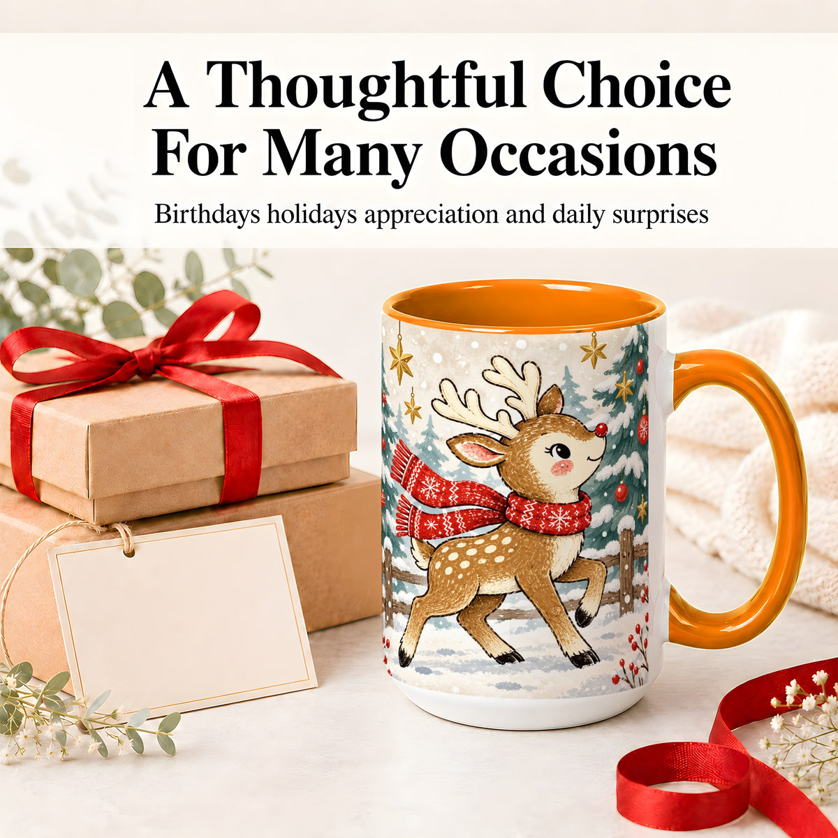 #pl[15oz|Orange] Christmas Reindeer Accent Mug, Snowy Woodland Artwork