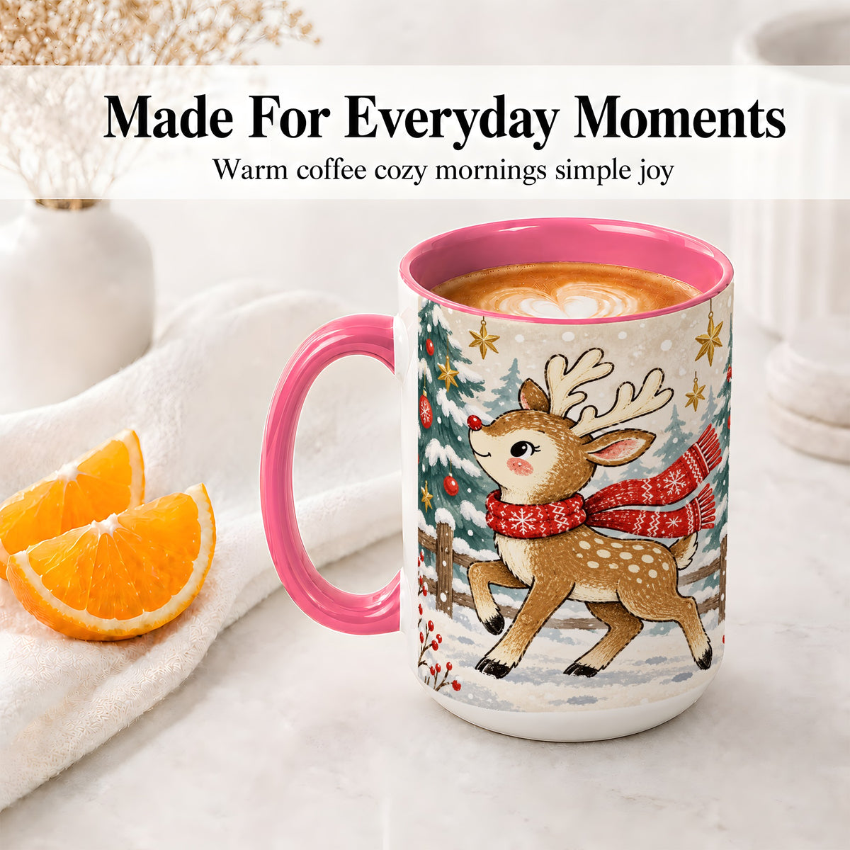#pl[15oz|Pink] Christmas Reindeer Accent Mug, Snowy Woodland Artwork