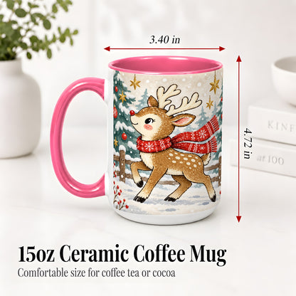 #pl[15oz|Pink] Christmas Reindeer Accent Mug, Snowy Woodland Artwork