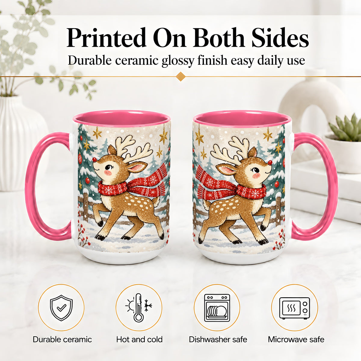 #pl[15oz|Pink] Christmas Reindeer Accent Mug, Snowy Woodland Artwork