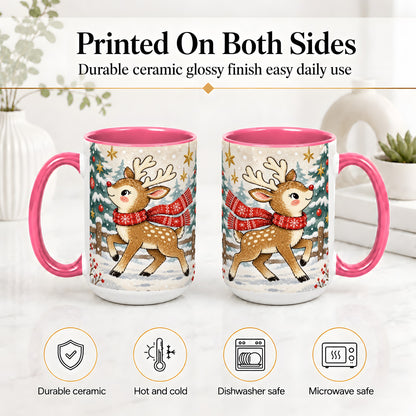 #pl[15oz|Pink] Christmas Reindeer Accent Mug, Snowy Woodland Artwork