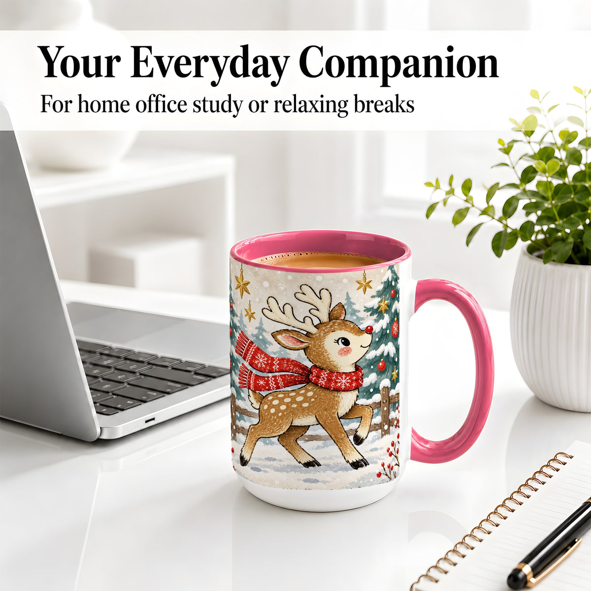 #pl[15oz|Pink] Christmas Reindeer Accent Mug, Snowy Woodland Artwork