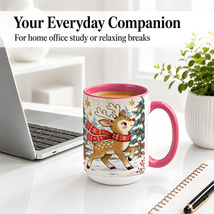 #pl[15oz|Pink] Christmas Reindeer Accent Mug, Snowy Woodland Artwork