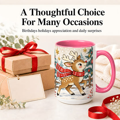 #pl[15oz|Pink] Christmas Reindeer Accent Mug, Snowy Woodland Artwork