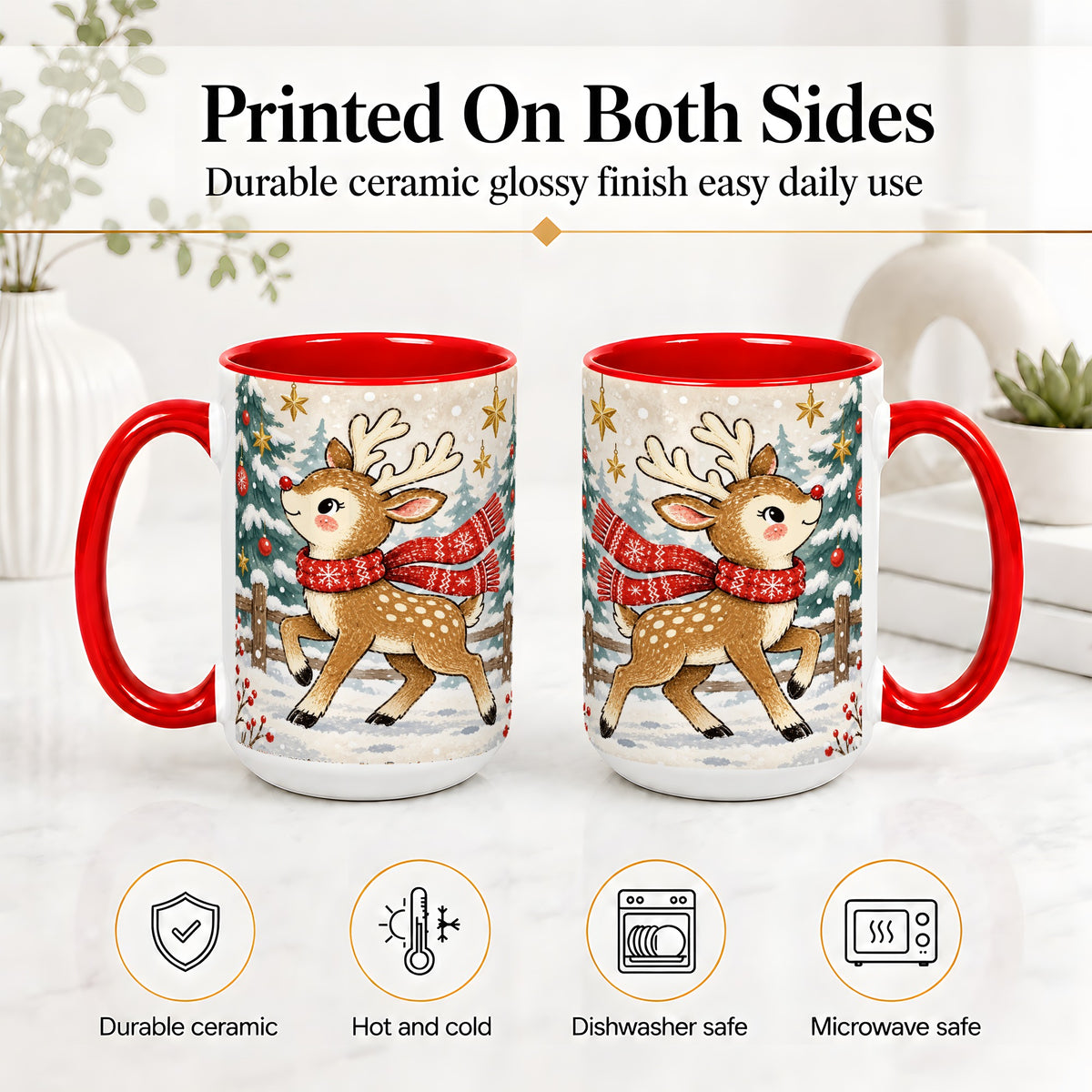 #pl[15oz|Red] Christmas Reindeer Accent Mug, Snowy Woodland Artwork