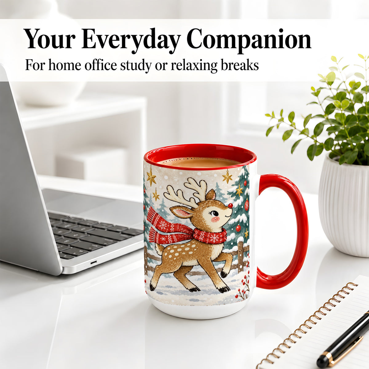#pl[15oz|Red] Christmas Reindeer Accent Mug, Snowy Woodland Artwork