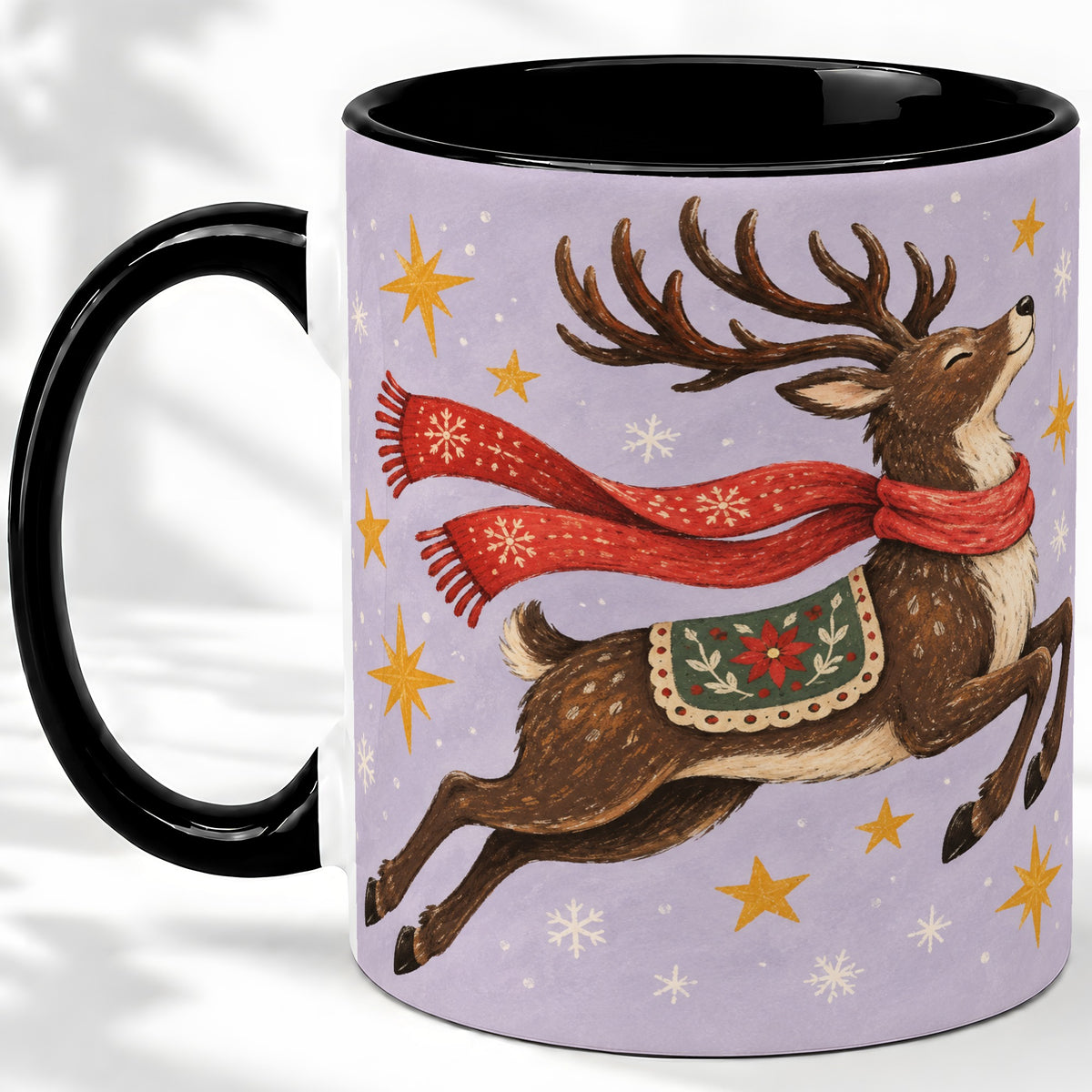 #pl[11oz|Black] Christmas Reindeer Accent Mug, Vintage Winter Artwork