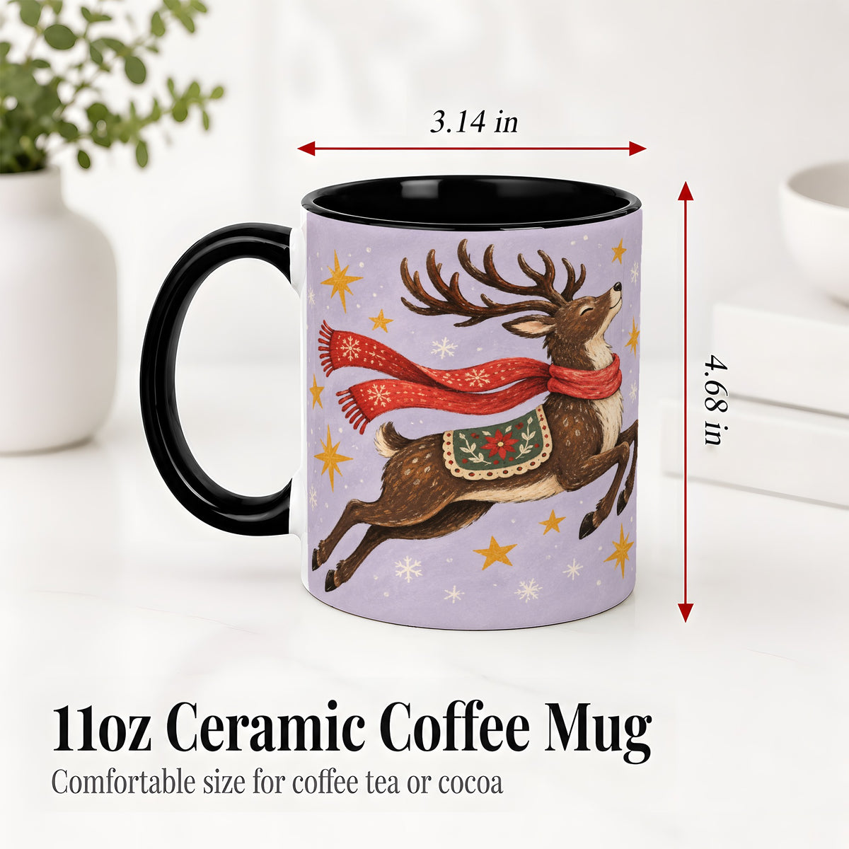 #pl[11oz|Black] Christmas Reindeer Accent Mug, Vintage Winter Artwork