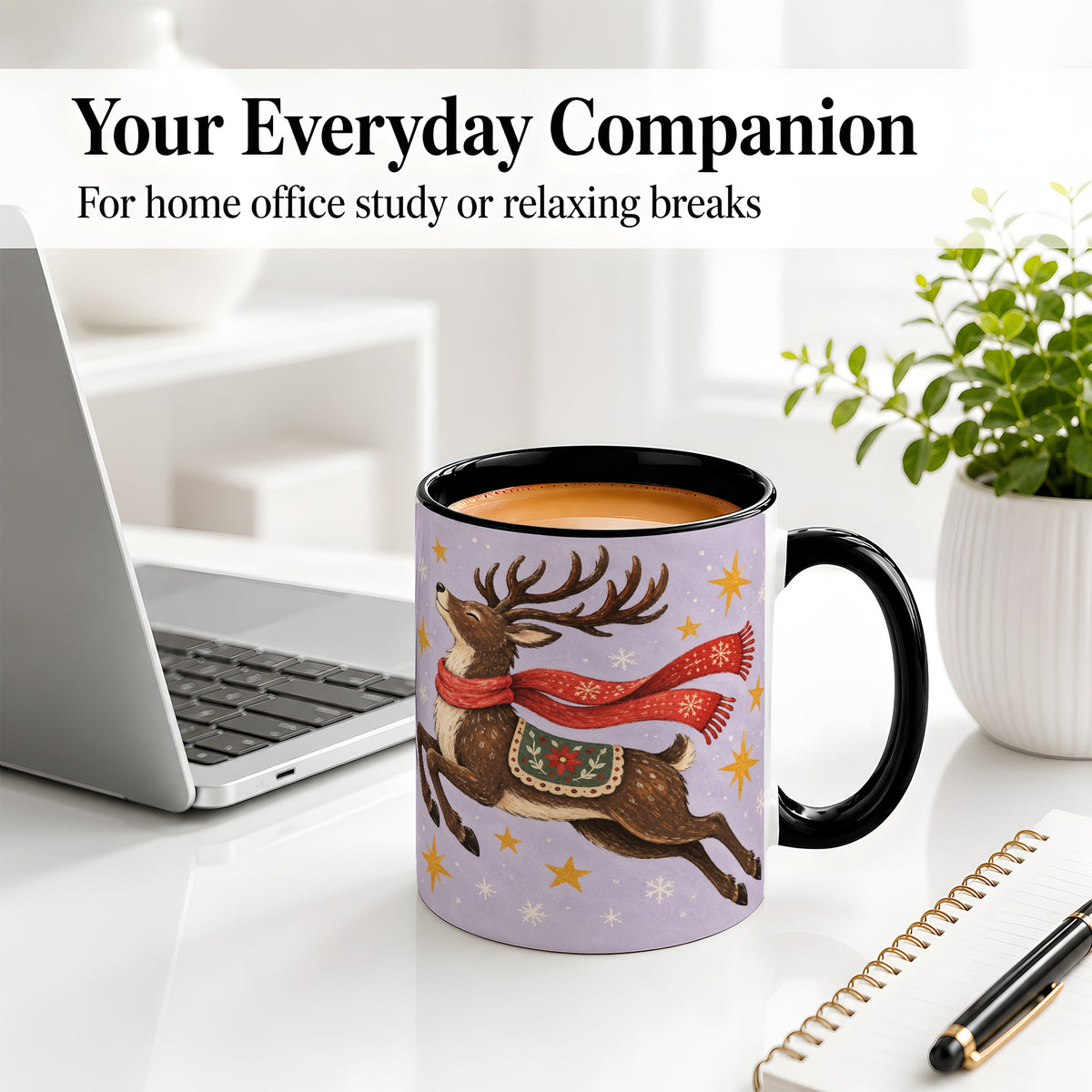 #pl[11oz|Black] Christmas Reindeer Accent Mug, Vintage Winter Artwork