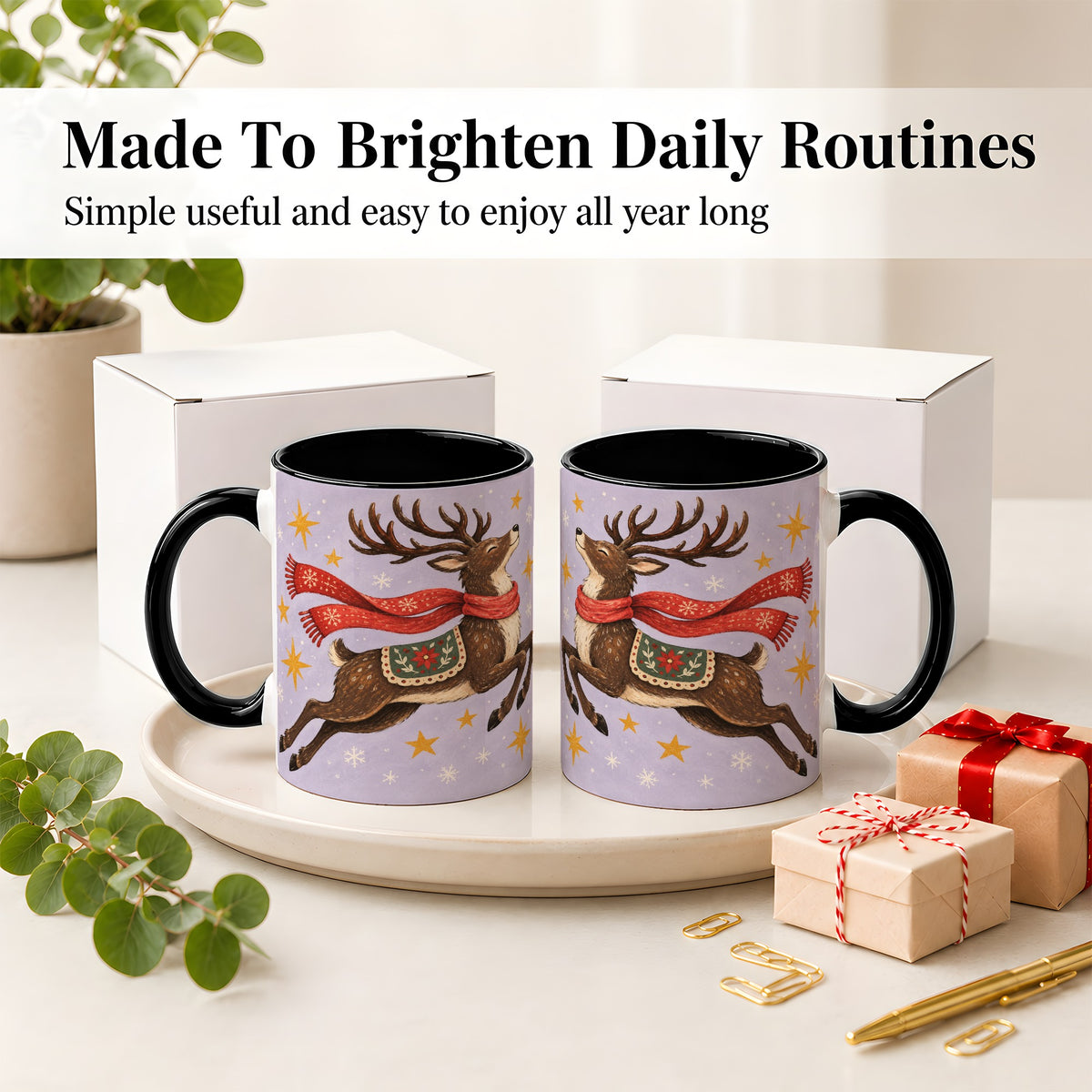 #pl[11oz|Black] Christmas Reindeer Accent Mug, Vintage Winter Artwork
