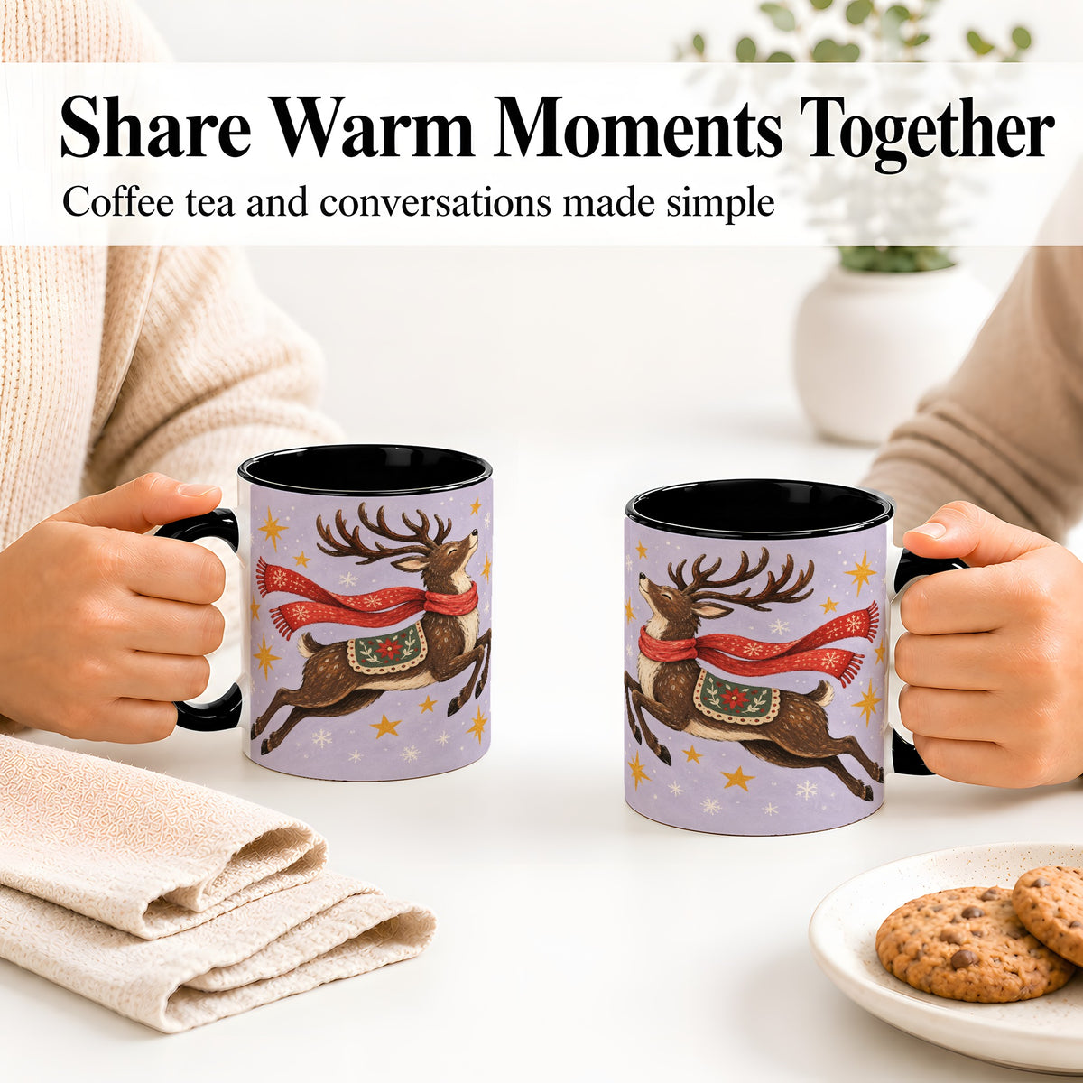 #pl[11oz|Black] Christmas Reindeer Accent Mug, Vintage Winter Artwork