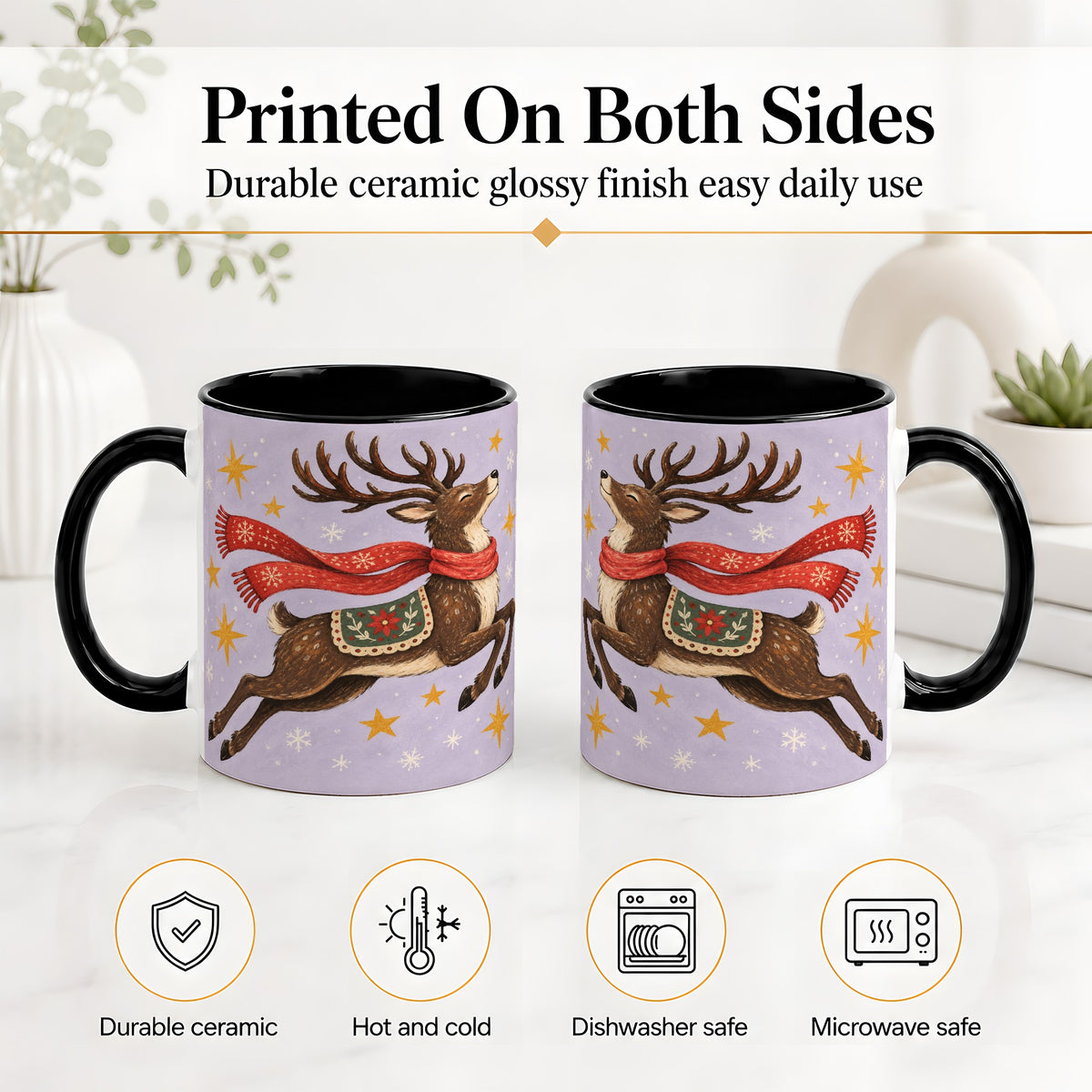 #pl[11oz|Black] Christmas Reindeer Accent Mug, Vintage Winter Artwork