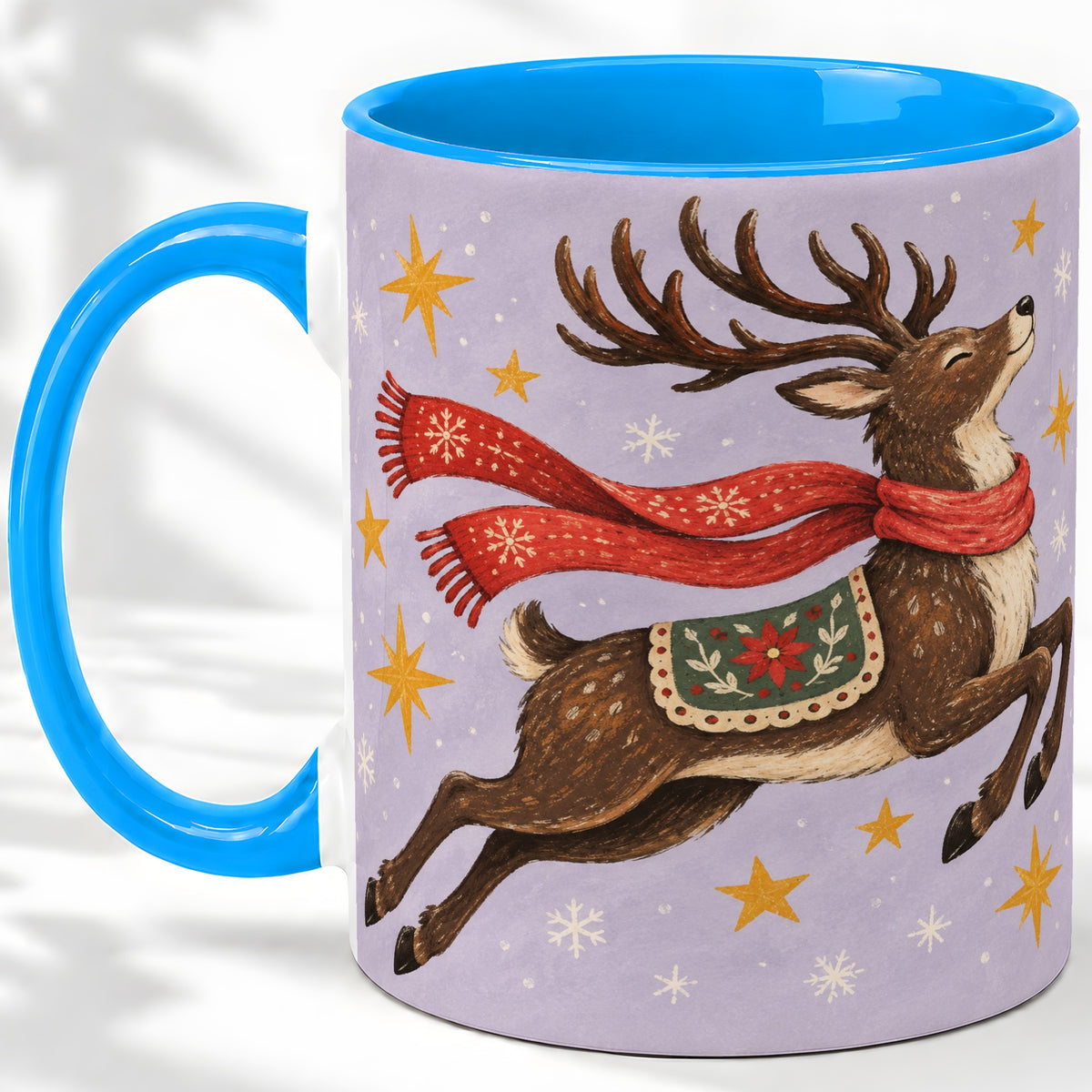#pl[11oz|Blue] Christmas Reindeer Accent Mug, Vintage Winter Artwork