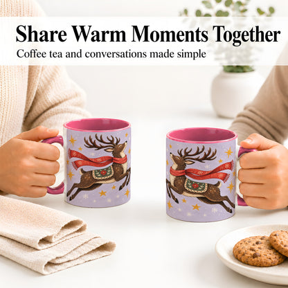 #pl[11oz|Pink] Christmas Reindeer Accent Mug, Vintage Winter Artwork