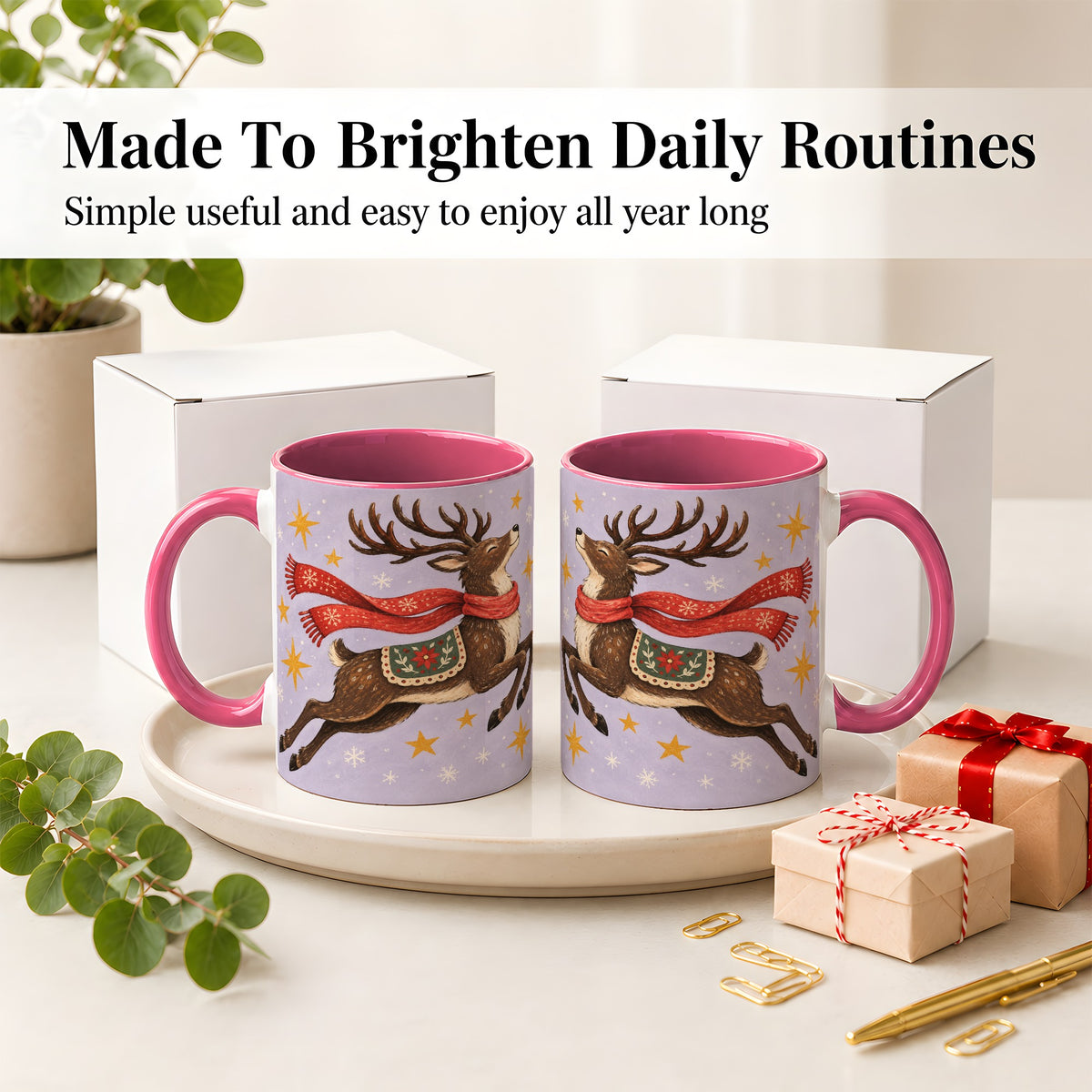 #pl[11oz|Pink] Christmas Reindeer Accent Mug, Vintage Winter Artwork
