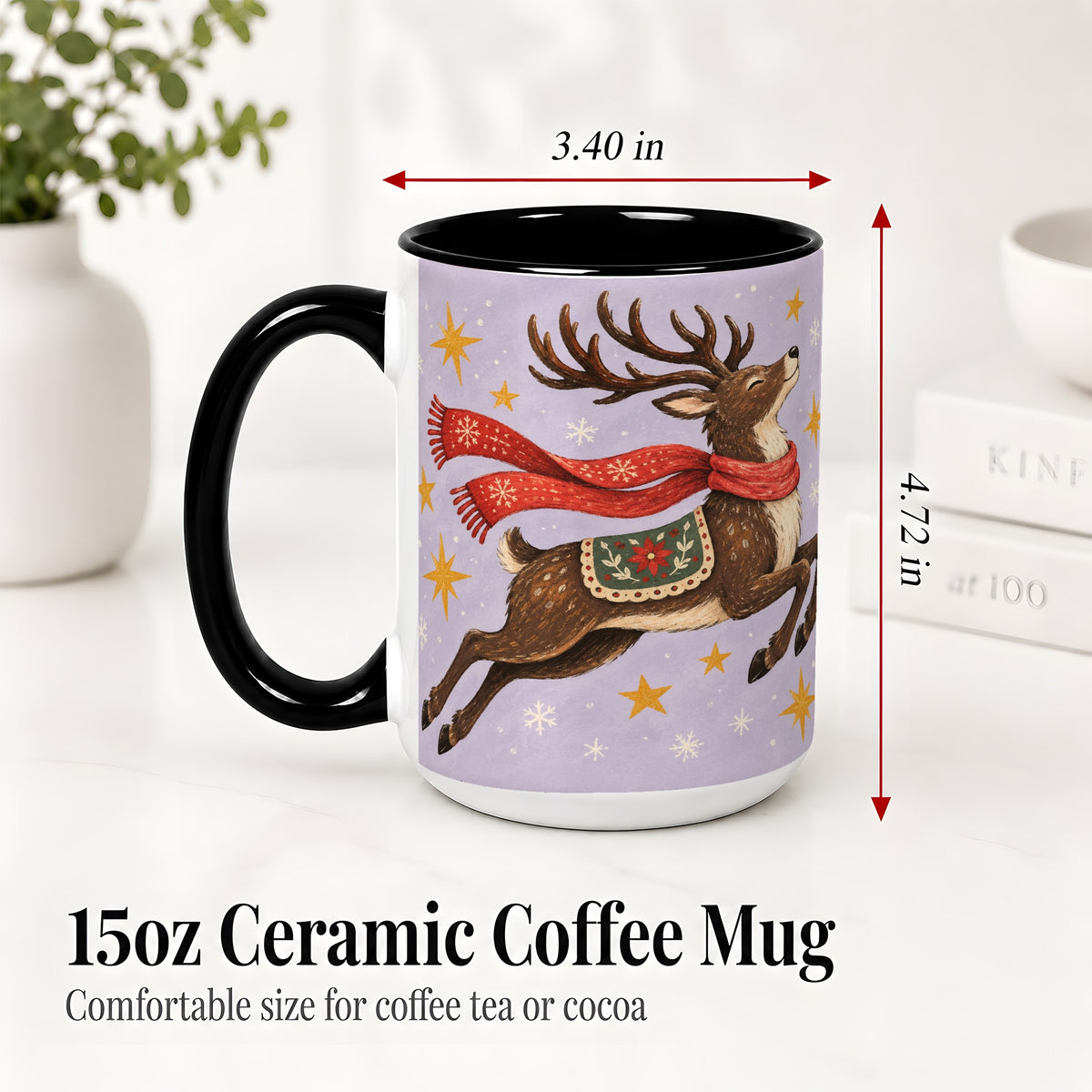 #pl[15oz|Black] Christmas Reindeer Accent Mug, Vintage Winter Artwork