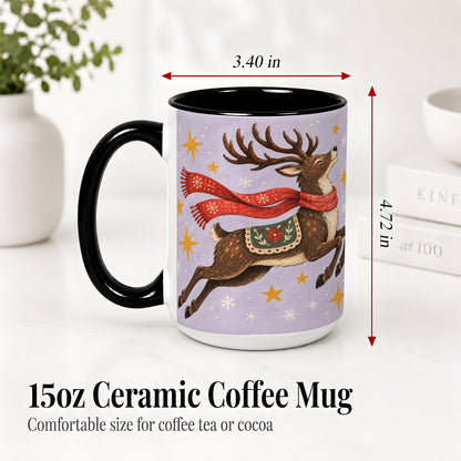 #pl[15oz|Black] Christmas Reindeer Accent Mug, Vintage Winter Artwork