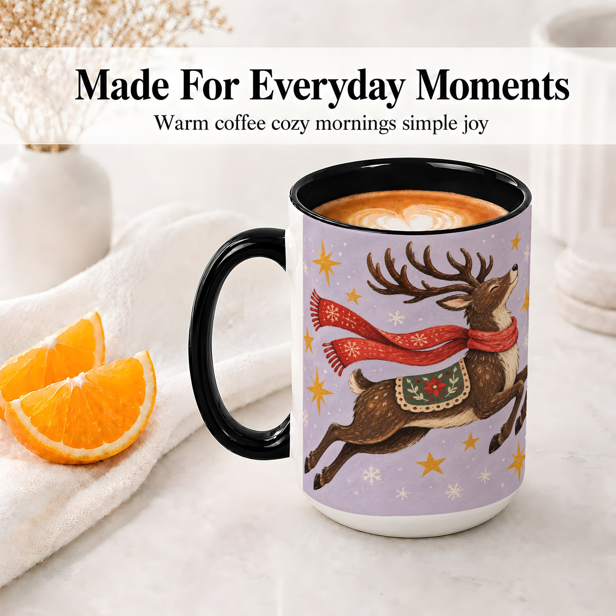 #pl[15oz|Black] Christmas Reindeer Accent Mug, Vintage Winter Artwork