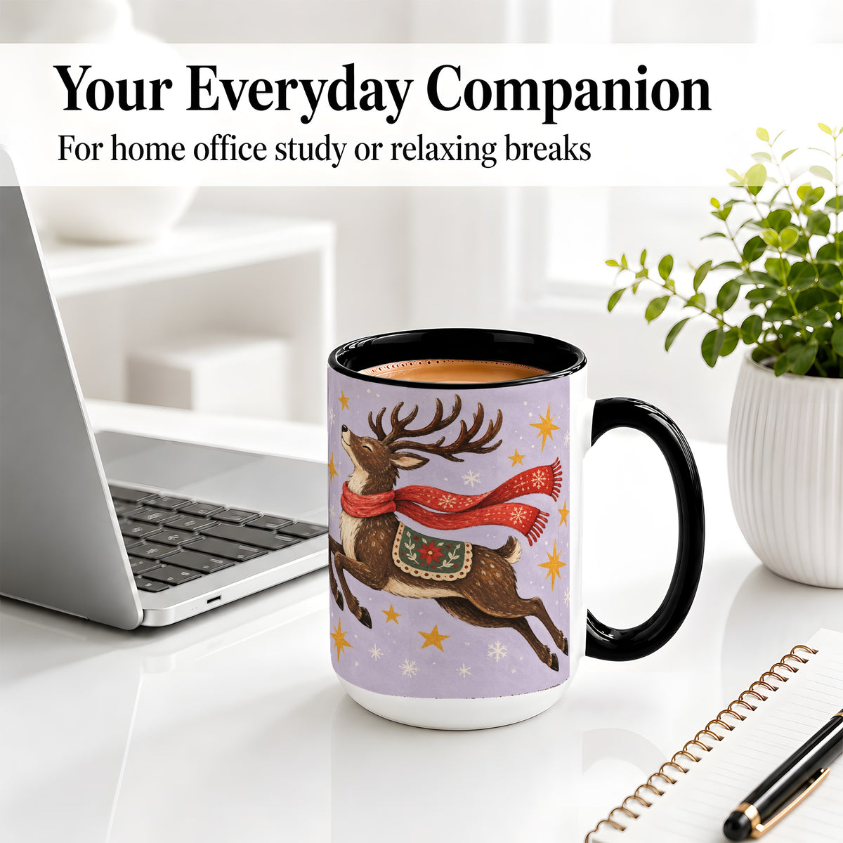 #pl[15oz|Black] Christmas Reindeer Accent Mug, Vintage Winter Artwork