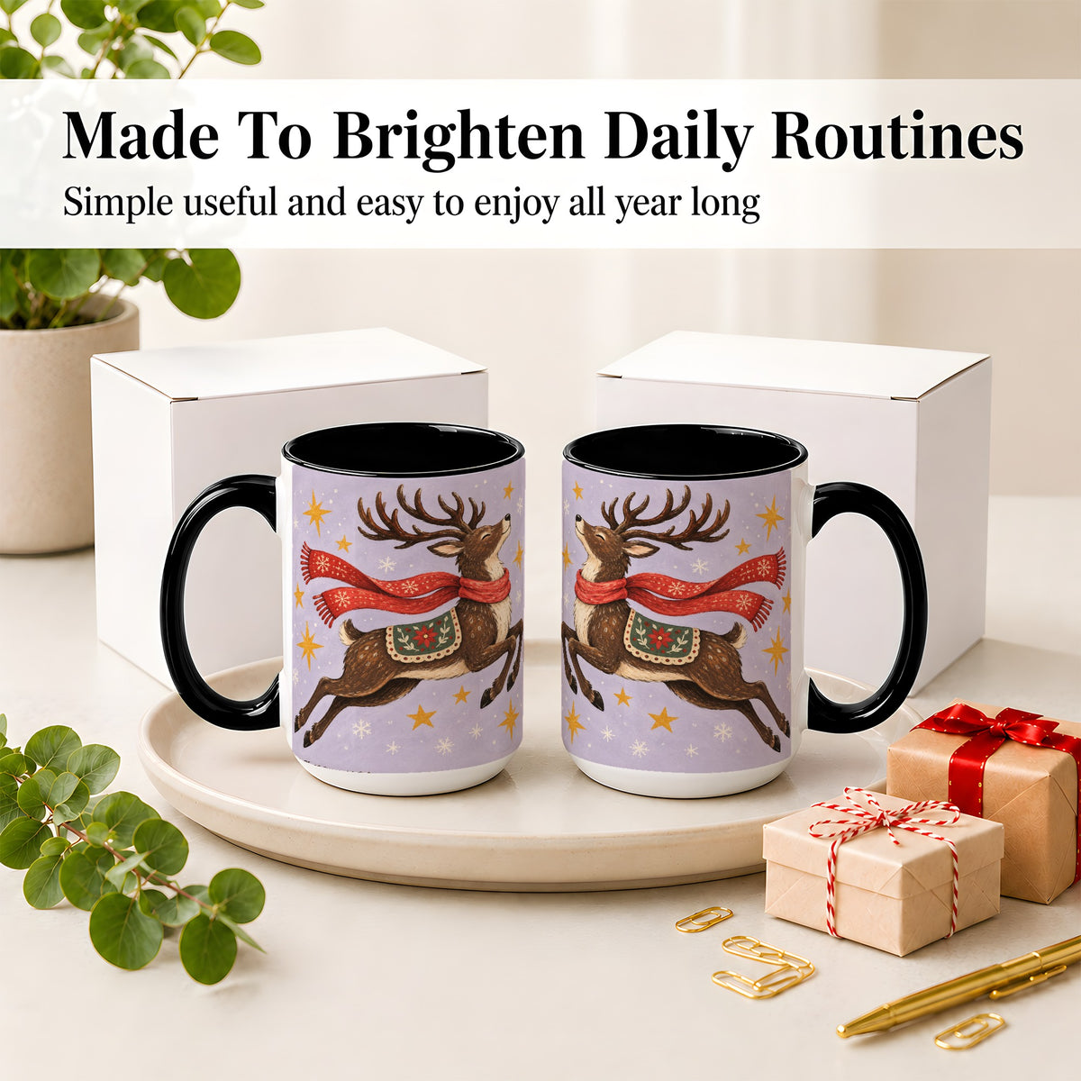 #pl[15oz|Black] Christmas Reindeer Accent Mug, Vintage Winter Artwork