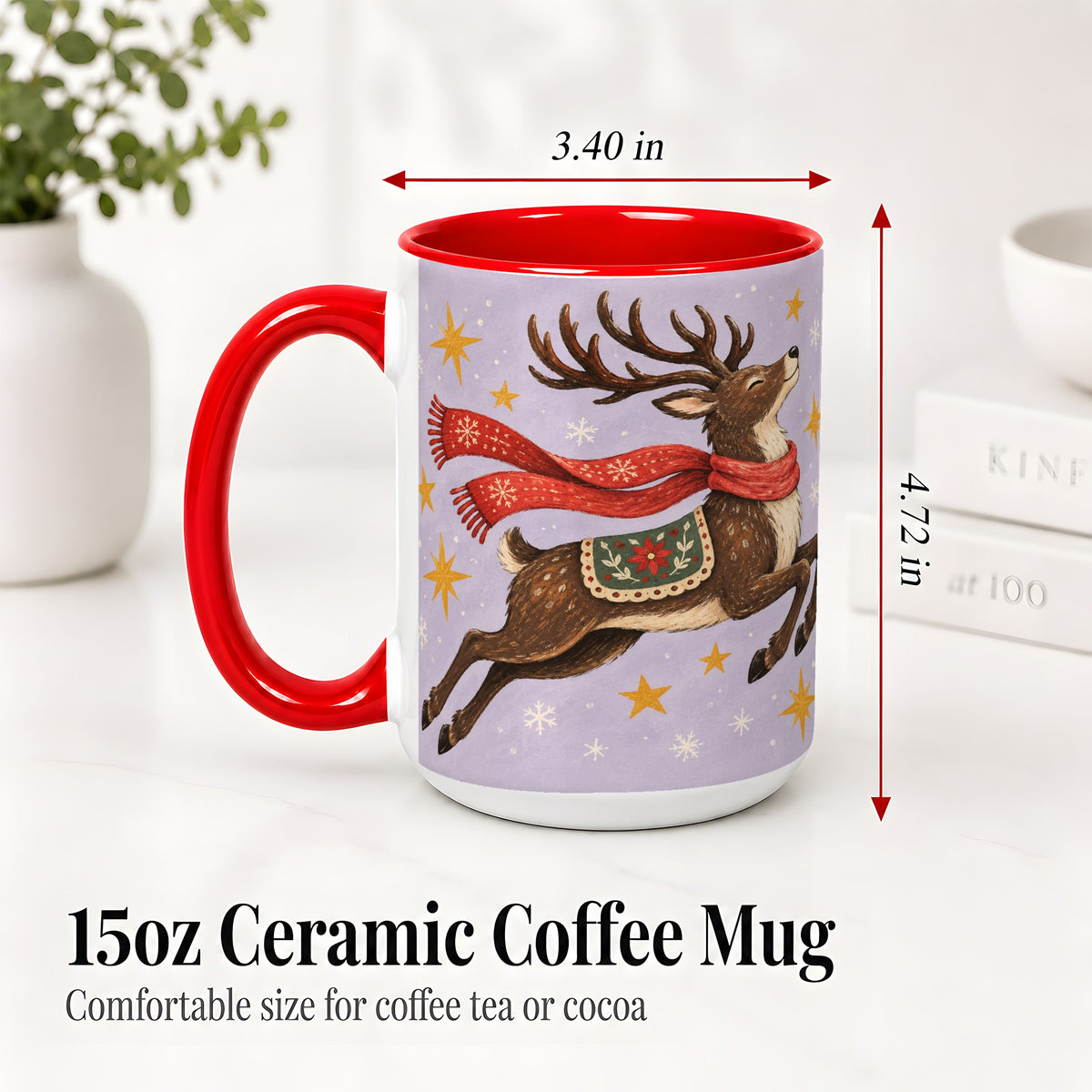#pl[15oz|Red] Christmas Reindeer Accent Mug, Vintage Winter Artwork