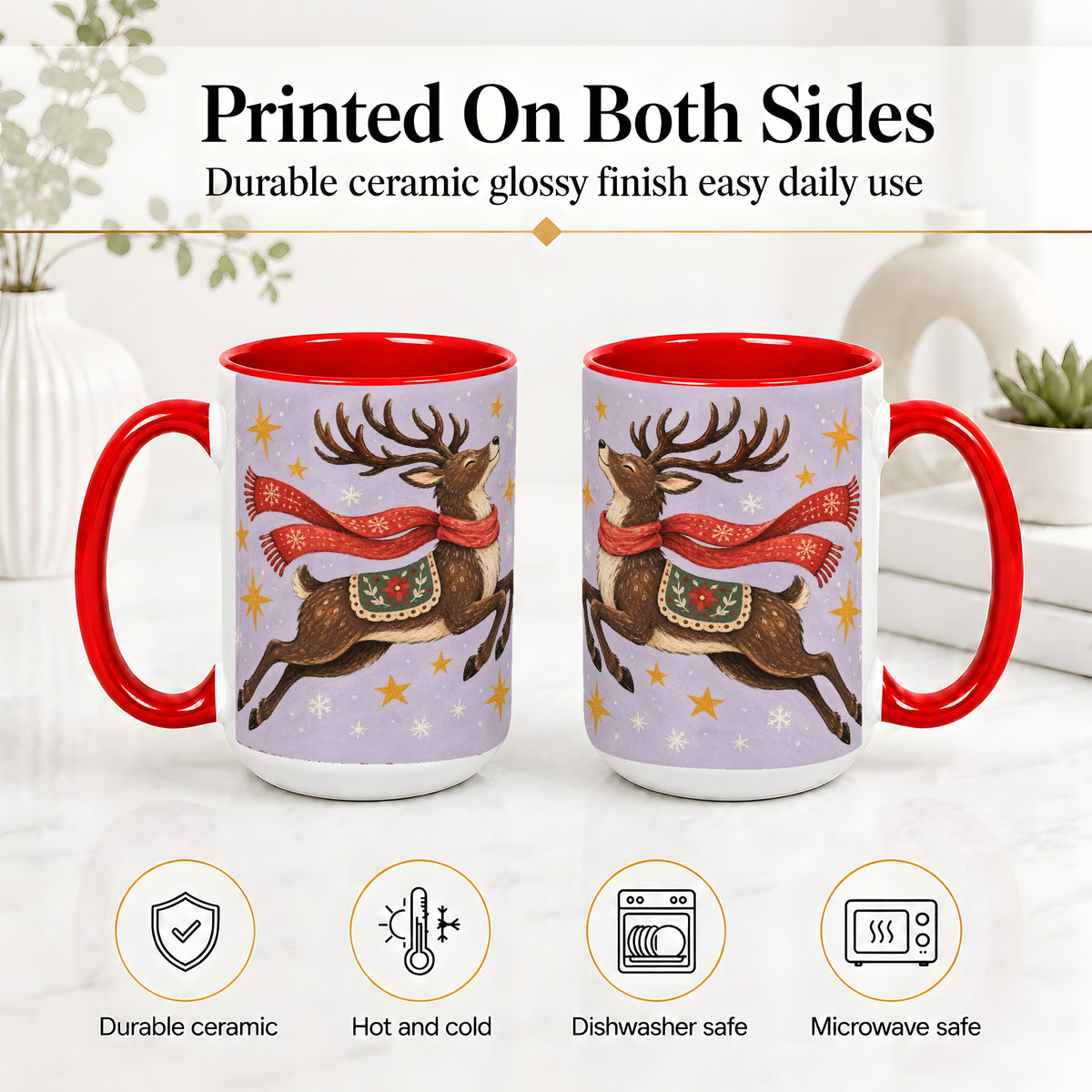 #pl[15oz|Red] Christmas Reindeer Accent Mug, Vintage Winter Artwork