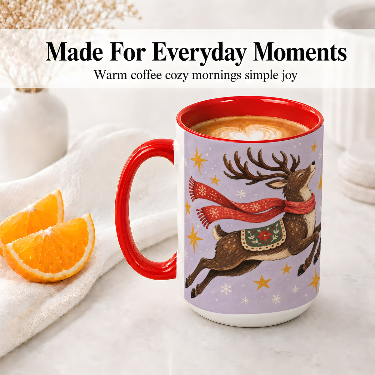 #pl[15oz|Red] Christmas Reindeer Accent Mug, Vintage Winter Artwork