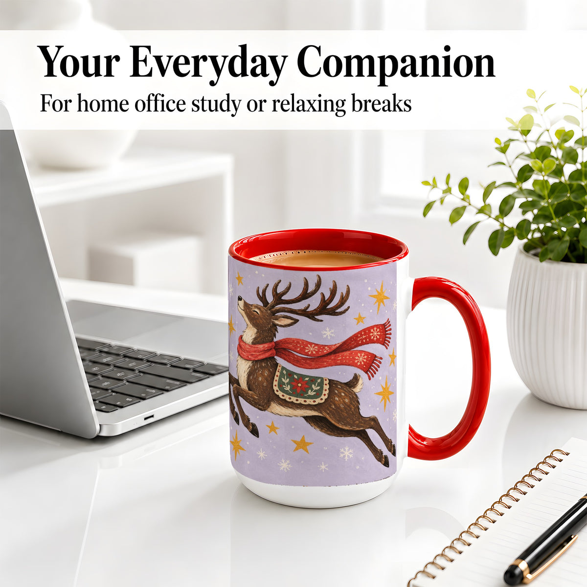 #pl[15oz|Red] Christmas Reindeer Accent Mug, Vintage Winter Artwork
