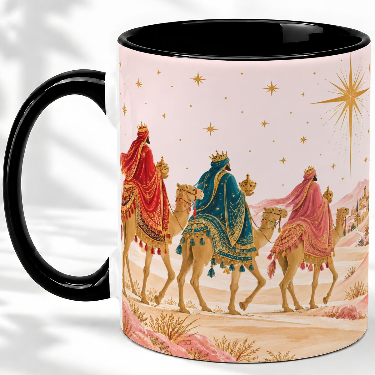 #pl[11oz|Black] Three Wise Men Accent Mug, Christmas Camel Journey Artwork