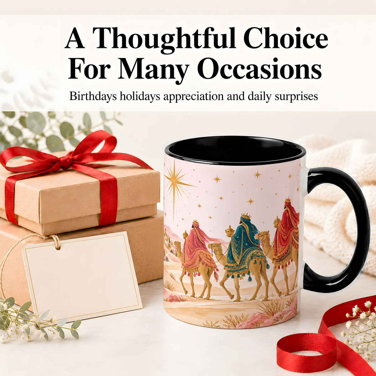 #pl[11oz|Black] Three Wise Men Accent Mug, Christmas Camel Journey Artwork