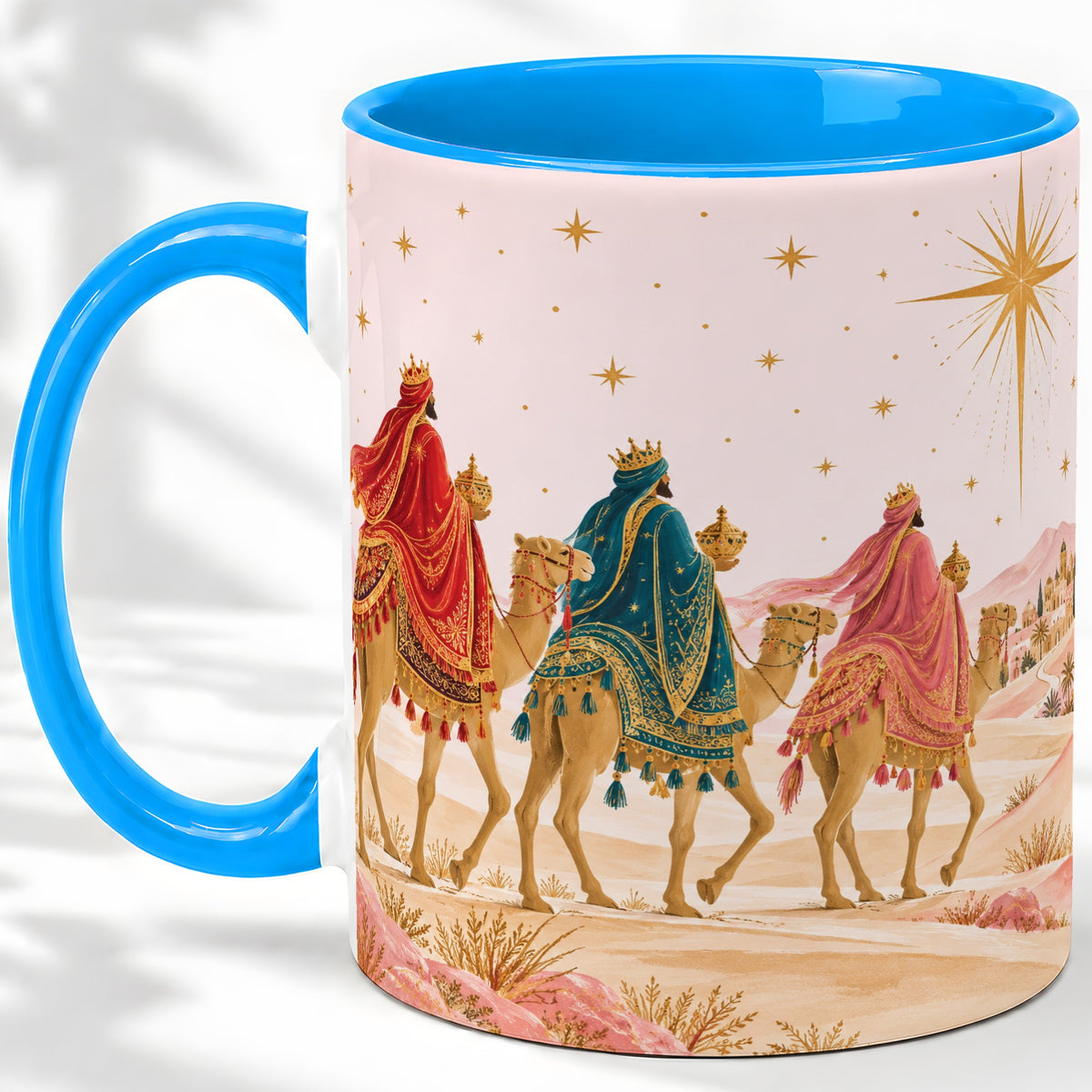 #pl[11oz|Blue] Three Wise Men Accent Mug, Christmas Camel Journey Artwork