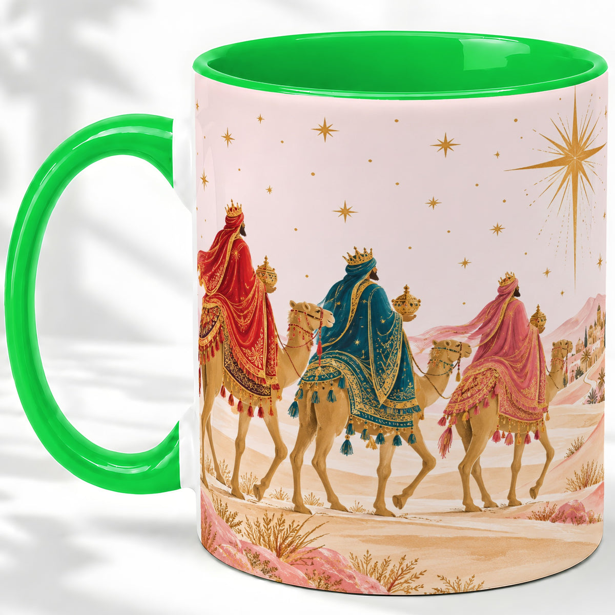 #pl[11oz|Green] Three Wise Men Accent Mug, Christmas Camel Journey Artwork
