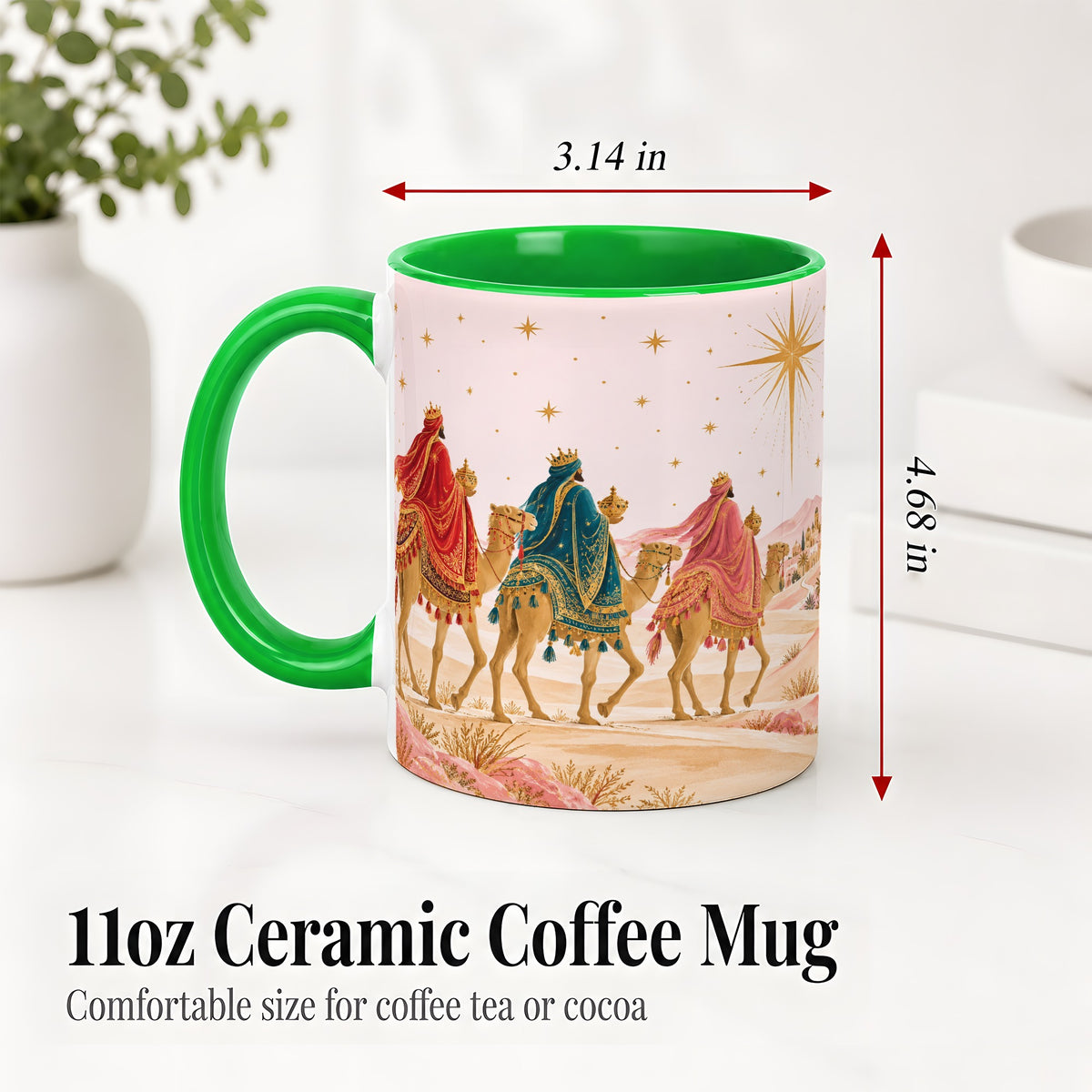 #pl[11oz|Green] Three Wise Men Accent Mug, Christmas Camel Journey Artwork