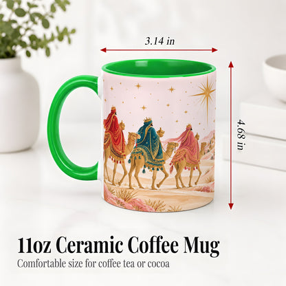 #pl[11oz|Green] Three Wise Men Accent Mug, Christmas Camel Journey Artwork