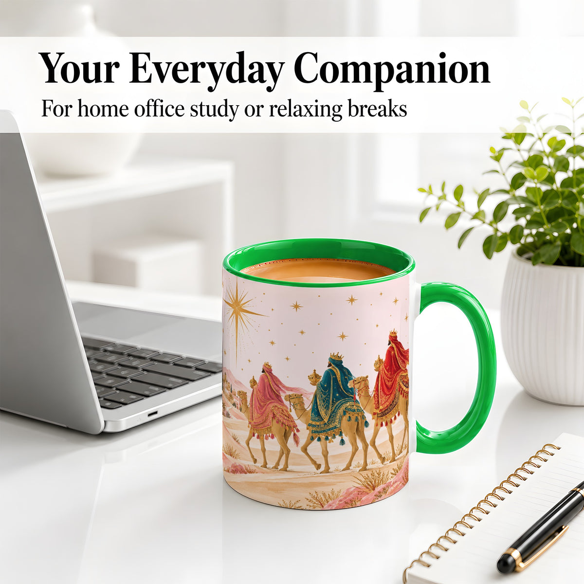 #pl[11oz|Green] Three Wise Men Accent Mug, Christmas Camel Journey Artwork