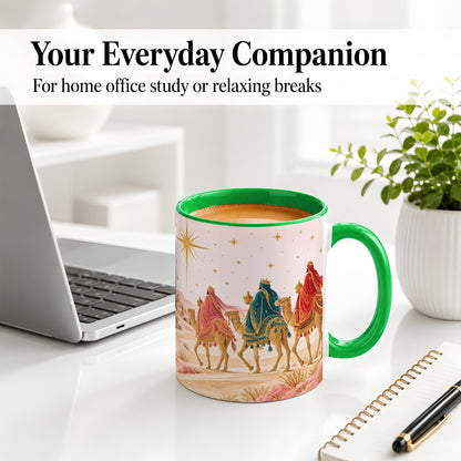 #pl[11oz|Green] Three Wise Men Accent Mug, Christmas Camel Journey Artwork