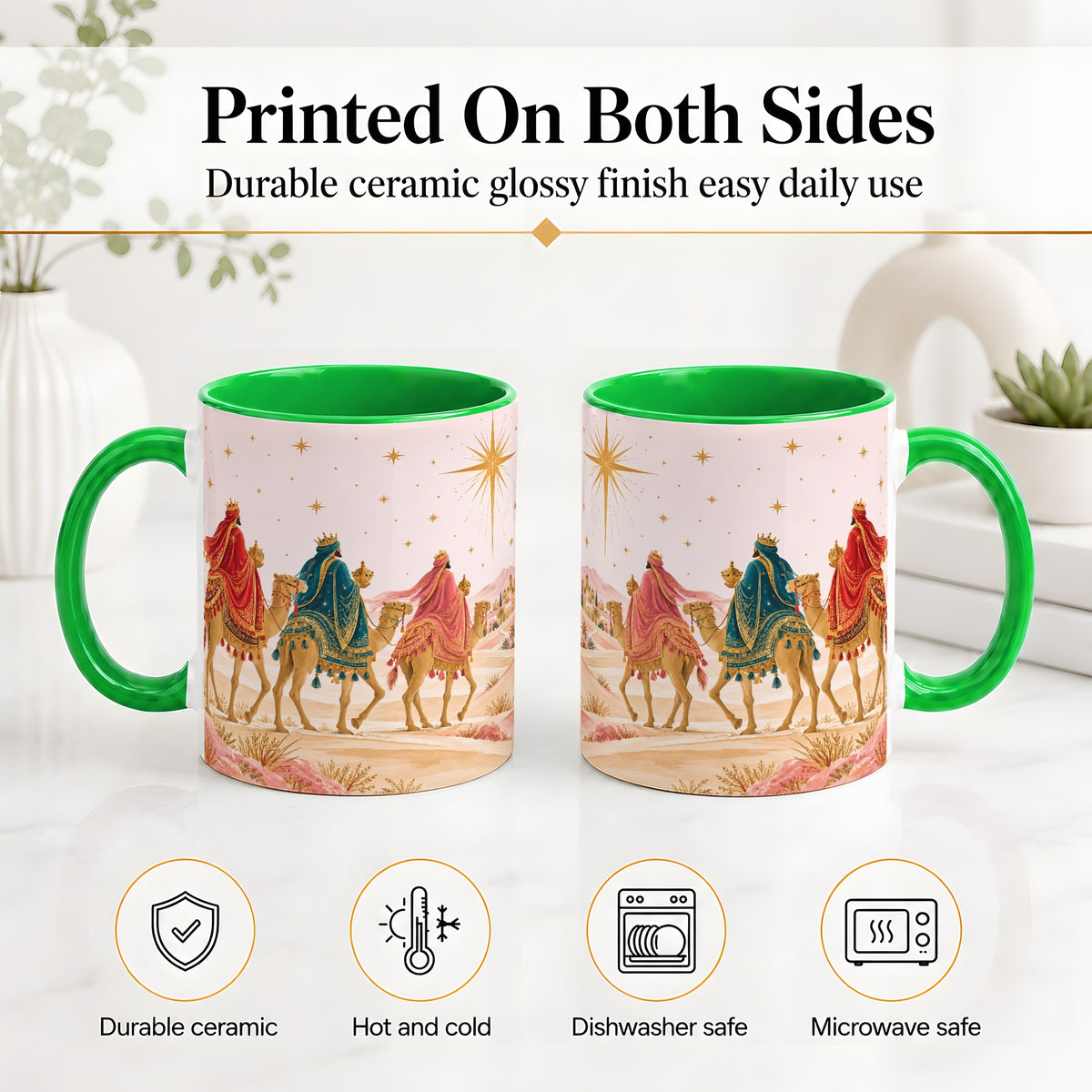 #pl[11oz|Green] Three Wise Men Accent Mug, Christmas Camel Journey Artwork