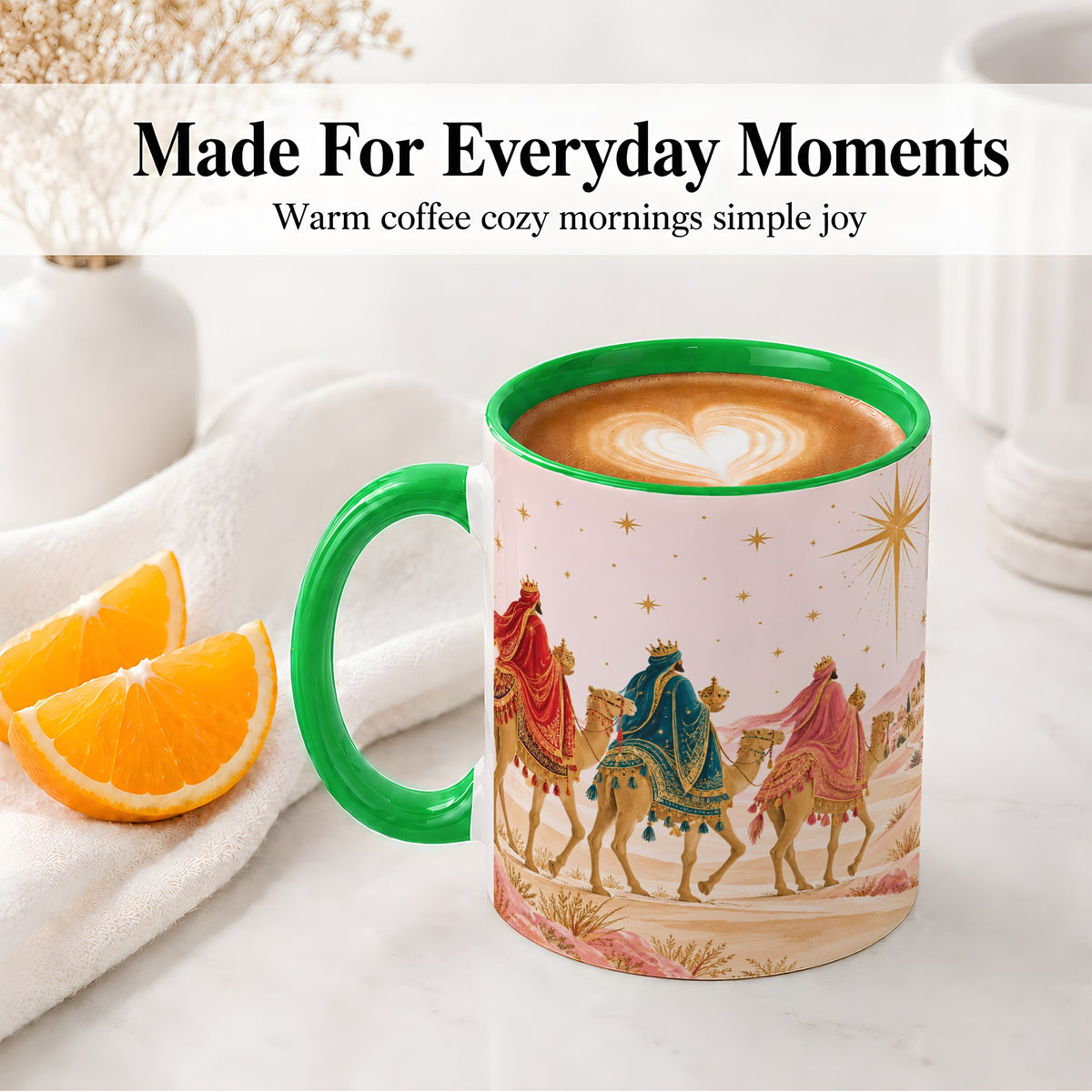 #pl[11oz|Green] Three Wise Men Accent Mug, Christmas Camel Journey Artwork
