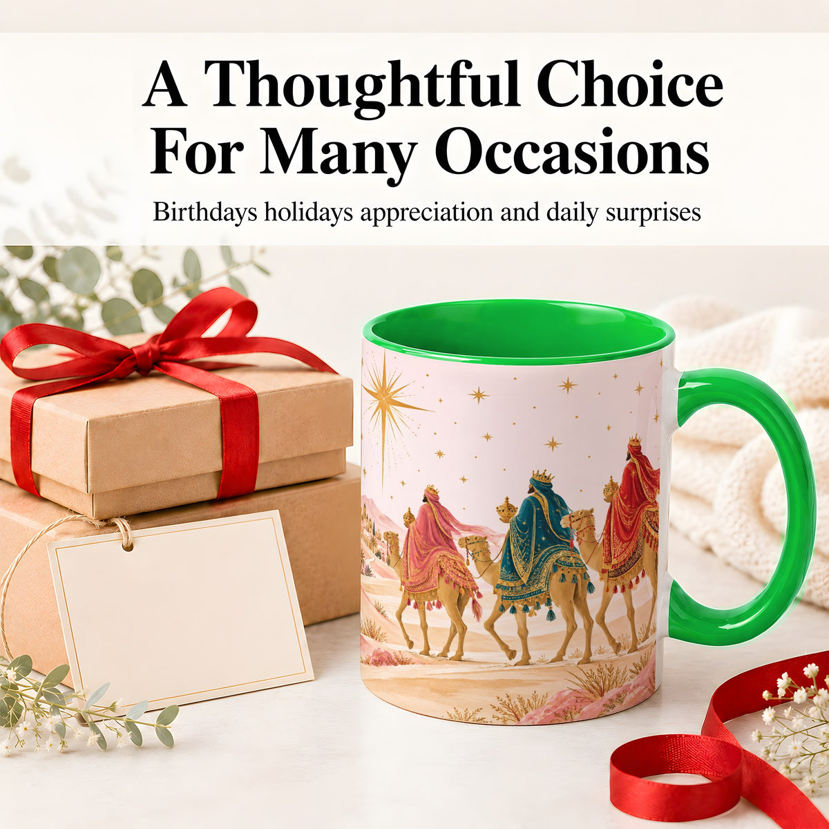 #pl[11oz|Green] Three Wise Men Accent Mug, Christmas Camel Journey Artwork
