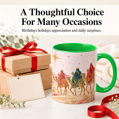 #pl[11oz|Green] Three Wise Men Accent Mug, Christmas Camel Journey Artwork